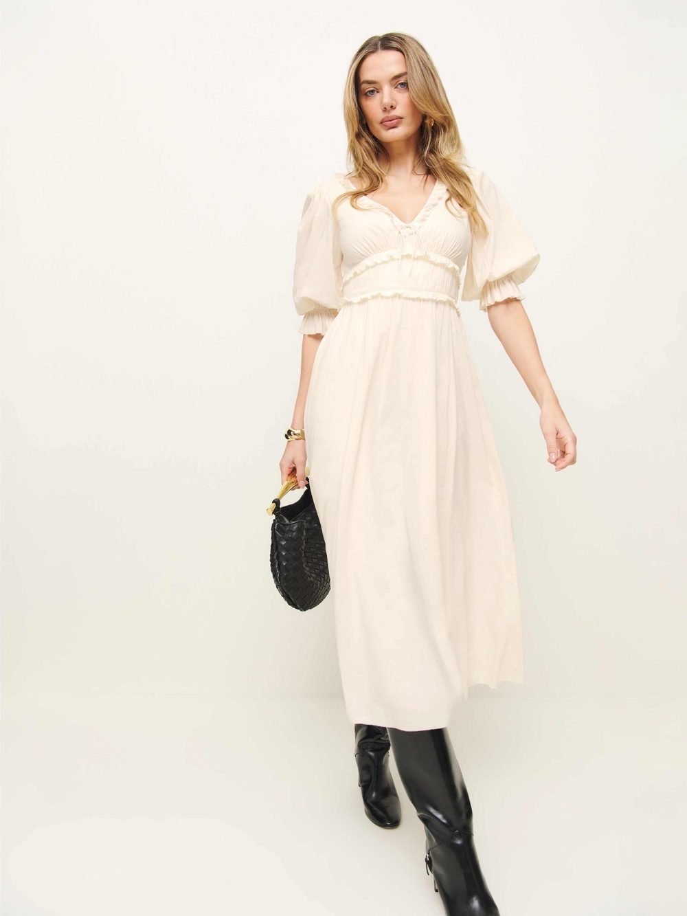 Reformation Mirielle Ruffle Puff Sleeve Organic Cotton Blend Dress